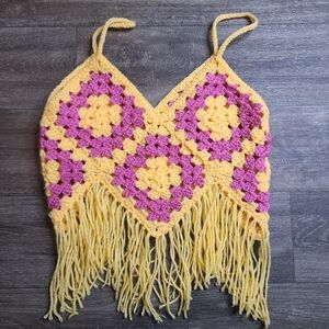 Crochet Cropped Tank Top OOAK Large Yellow Granny Square Handmade Boho Hippie